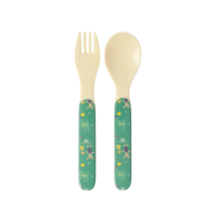 Kids Melamine Spoon and Fork Set Green Bunny Print by Rice DK